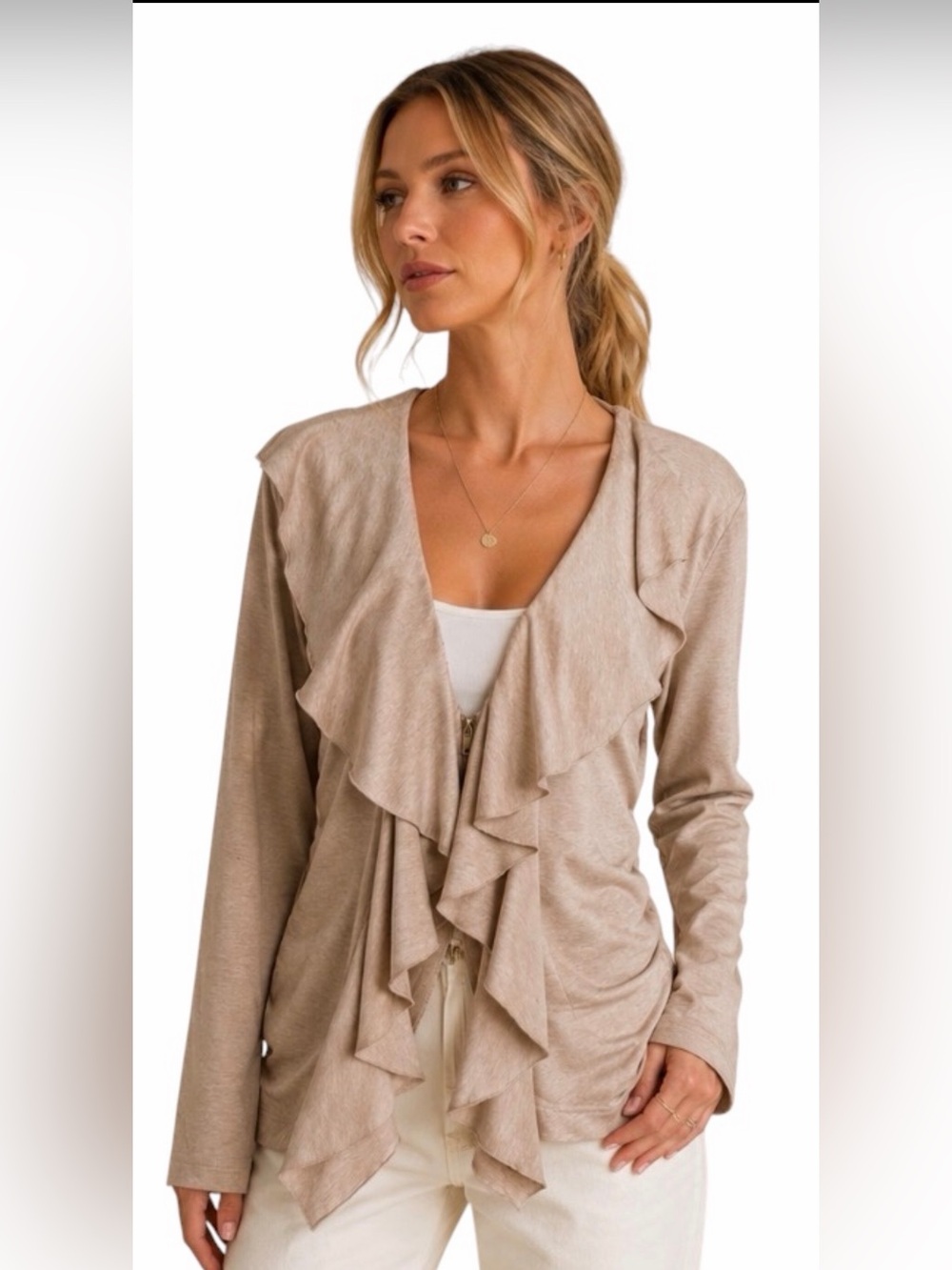 Boston Proper Romantic Ruffle Front Zip-Up Cardigan
